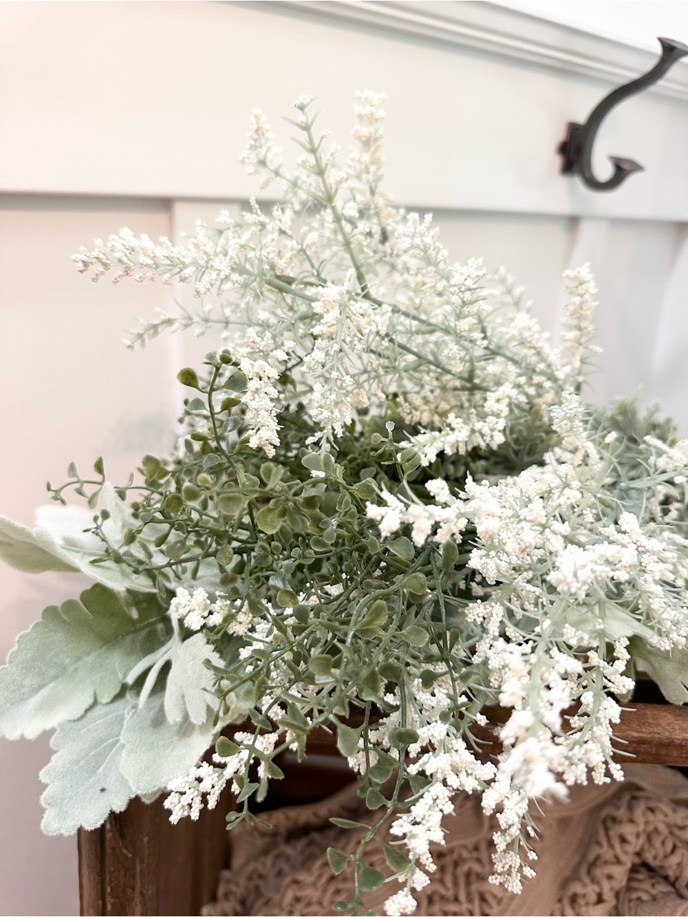 White and Sage Green Faux Floral Bouquet Arrangement Foliage Burlap Tie